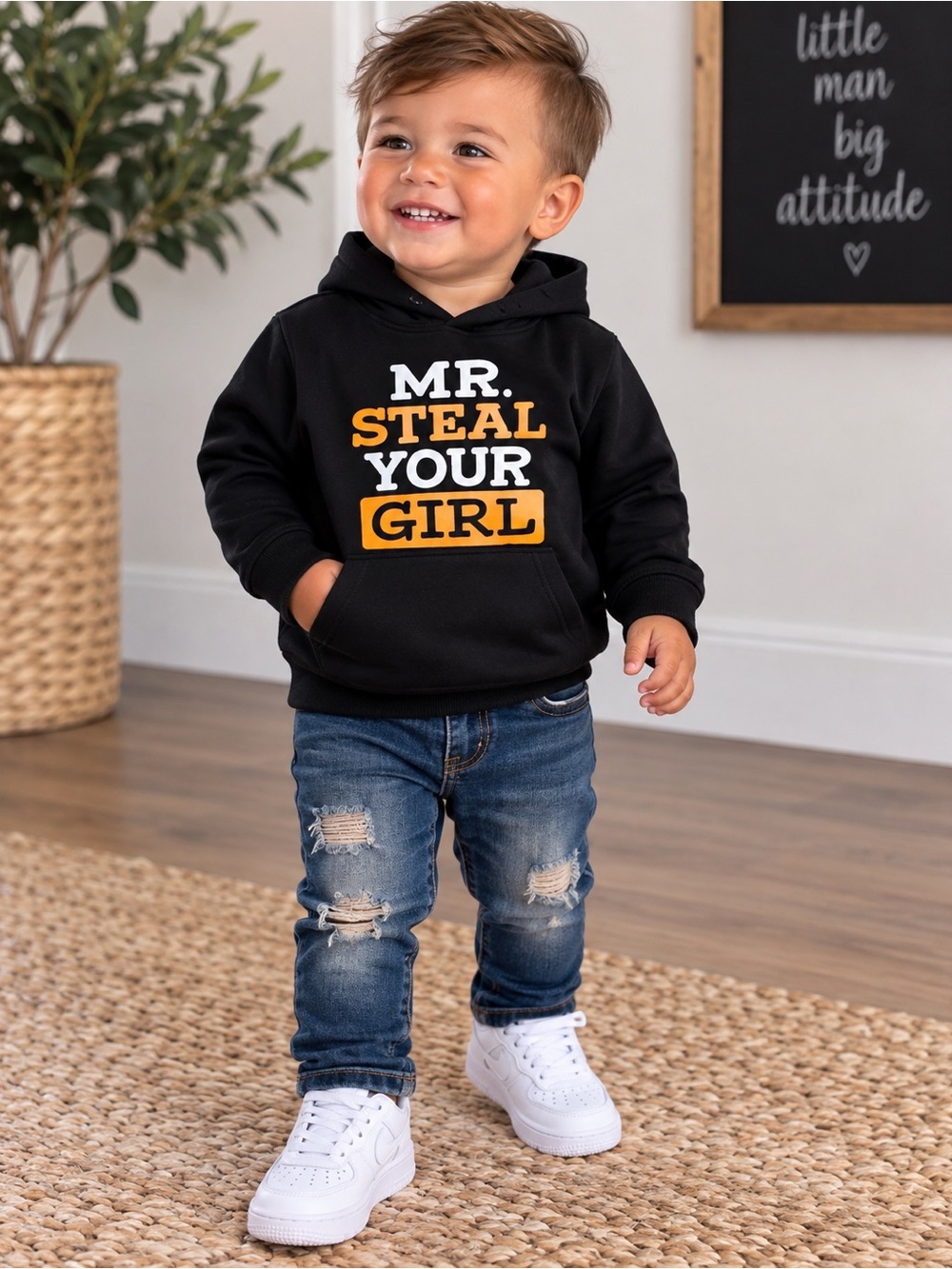 Black "Mr. Steal Your Girl" Hoodie with Orange & White Print and jeans